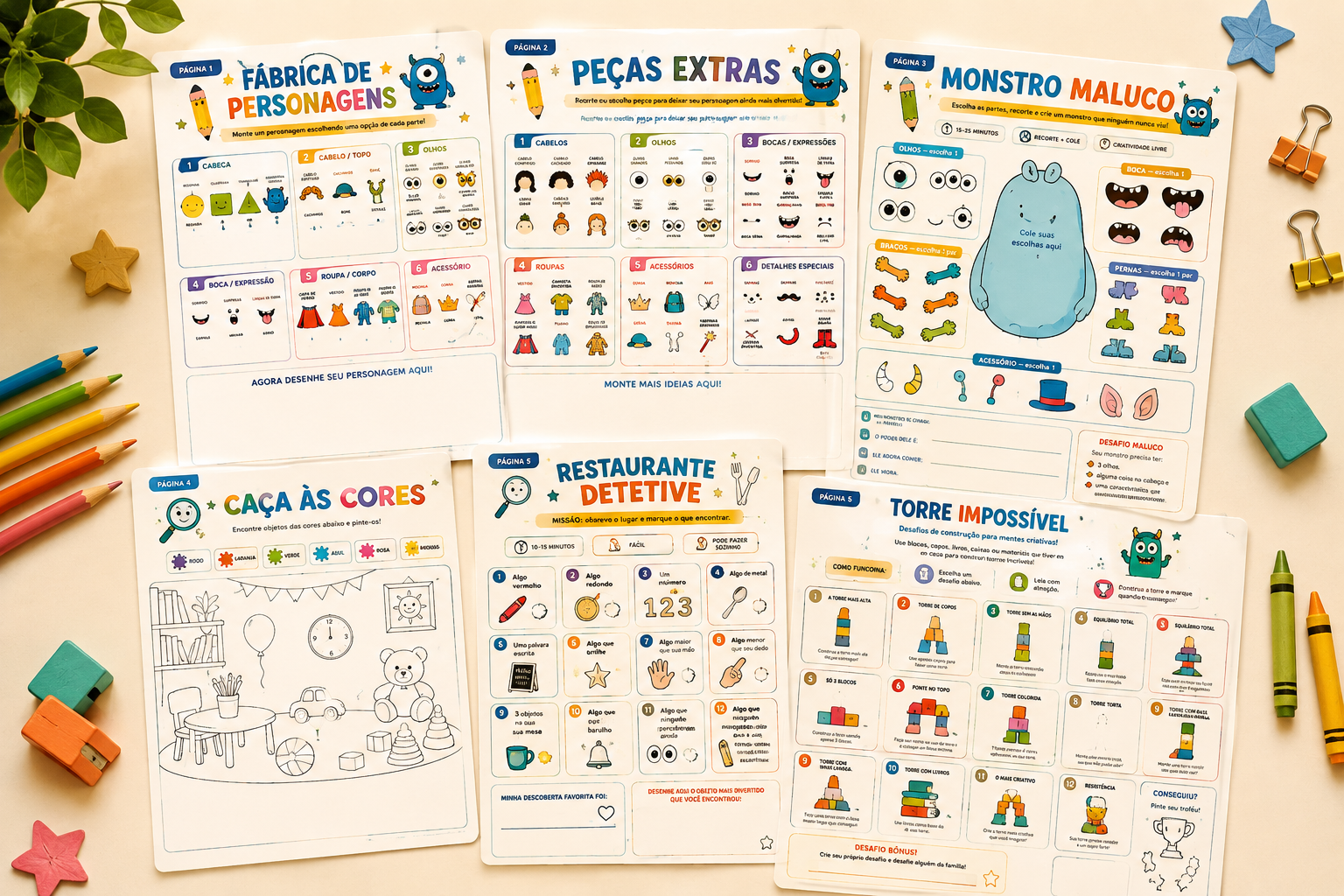 Páginas das atividades do Brinca Pronto: Fábrica de Personagens, Peças Extras, Monstro Maluco, Caça às Cores, Restaurante Detetive e Torre Impossível